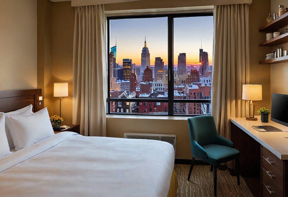 An inviting hotel room showcasing a cozy bed with soft linens, a small kitchenette, and a window revealing a picturesque cityscape. Add elements representing budget-friendly choices like a price tag and a 'Best Value' badge. The scene radiates comfort and adventure, perfect for short-stay travelers. Bright, warm colors to emphasize an inviting atmosphere. super-realistic. vibrant colors.