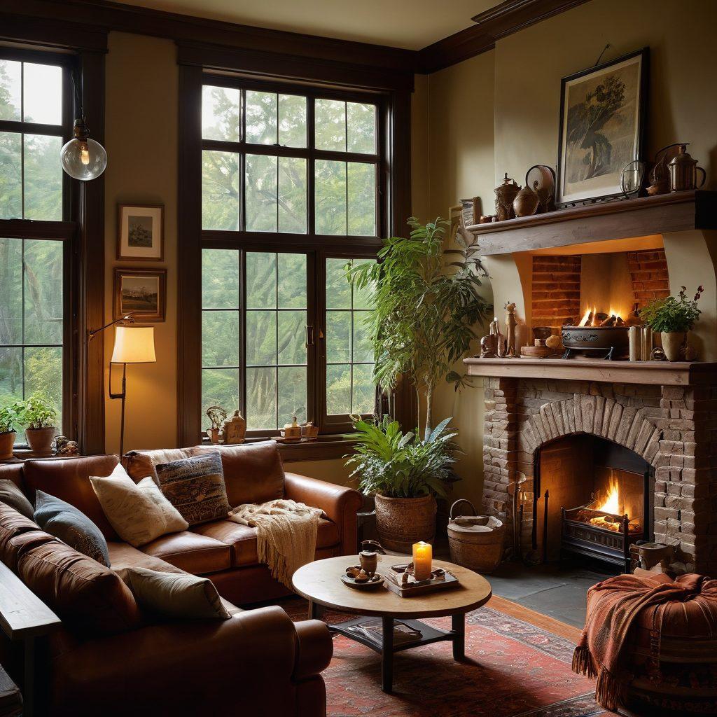 A cozy, inviting living space with a warm fireplace and plush furnishings, surrounded by decor from various cultures symbolizing travel. In the foreground, a globe sits beside a steaming cup of tea, hinting at exploration and comfort. Sunlight streams through large windows, creating a welcoming atmosphere. The background should feature a peaceful outdoor view of nature, representing a serene getaway. super-realistic. warm tones. inviting atmosphere.