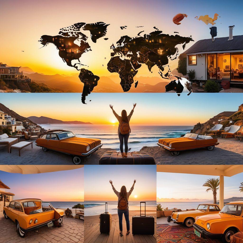 A dreamy collage of various temporary housing options like cozy Airbnb homes, chic hotel rooms, and unique hostels, all set against a world map backdrop. Include a traveler with a suitcase looking excited, with a warm sunrise illuminating the scene. Add elements like thumbs up icons and vibrant labels like 'Best Picks' and 'Affordable'. super-realistic. vibrant colors. white background.